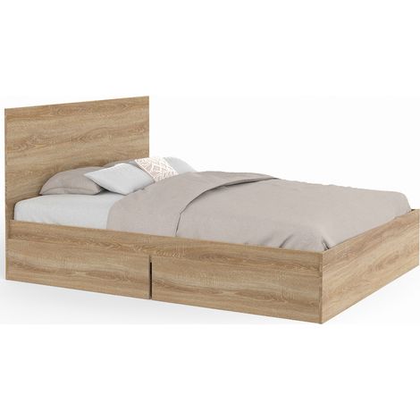 Idmarket – Lit double avec 4 tiroirs sur roulettes – Tête de lit et sommier 140 x 190 cm – Structure en panneaux de particules effet hêtre