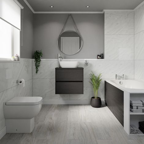 Wholesale Domestic Alford 1400mm Steel Straight Single Ended Bathroom Suite including Matt White Flush Plate Back to Wall Toilet and Graphite Grey Vanity Unit with Countertop Basin (1/5)