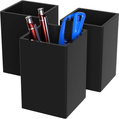 Juego de 3 portalápices de acrílico negro - Organizador de escritorio - Portalápices cuadrado - Soporte para brochas de maquillaje para la oficina (6,5 x 6,5 x 10 cm) (1/4)
