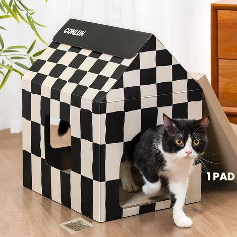 Cabane pour Chat 43x34.5x50cm, Grande Maison Carton, Grattoir Inclus (1/5)