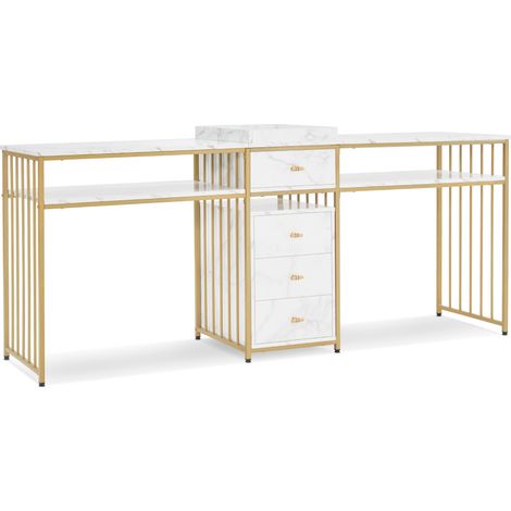 M MCombo Doppelnageltisch mit Schubladen, Schreibtisch mit Regal, Manikürtisch, Schminktisch ohne Spiegel Wohnzimmer Modern, Marmor-Weiß Gold, 2413 (1/4)