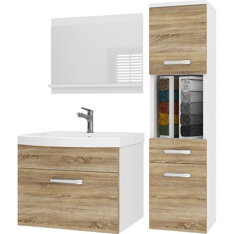 BELINI Badmöbel Set PRI M3 90 cm - Moderner Badschrank mit Waschbecken & Spiegel, Vollausstattung Wandmontage - Sonoma Eiche Matt (1/5)