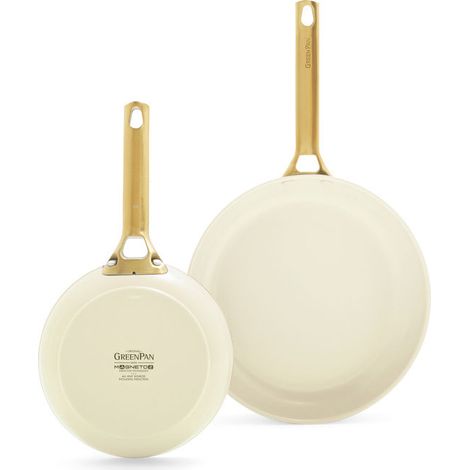 GreenPan CW-CC008494-001 Padova Set di Padelle 20+26 cm Rivestimento Ceramico Antiaderente con Diamanti Manici Ergonomici Base Spessa per Distribuzione Uniforme del Calore colore Crema con Manici Dora