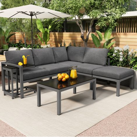 Tumbonas de jardín de hierro galvanizado gris, conjunto de 5 piezas con 2 sofás dobles, 1 sillón, mesa de centro y auxiliar (1/5)