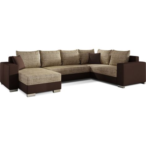 Canapé U convertible tissu beige chiné et simili marron foncé coffre de rangement à gauche Marry 321cm (1/5)