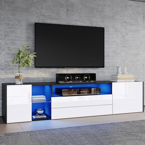 Meuble TV 180x40x45 cm, meuble bas laqué brillant avec LED, meuble de salon 2 tiroirs et 2 portes, support TV bicolore noir/blanc, convient aux écrans jusqu'à 75 pouces. (1/5)