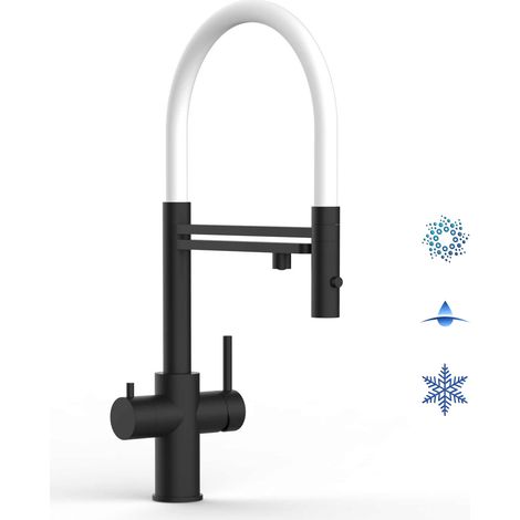 Rubinetto 5 VIE miscelatore lavello cucina in ACCIAIO INOX, canna girevole 360° e doccetta 2 getti movibile, PVD Nero Opaco / Bianco