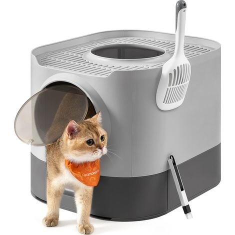 Bac à Litière, Litière pour Chat XXL, avec Couvercle, Plateau Amovible, Pelle, Brosse, Espace pour Grands Chats, Moins de Traces, Fond Anti-Fuite, Gris Tourterelle et Gris Ardoise PPT002B01 (1/5)