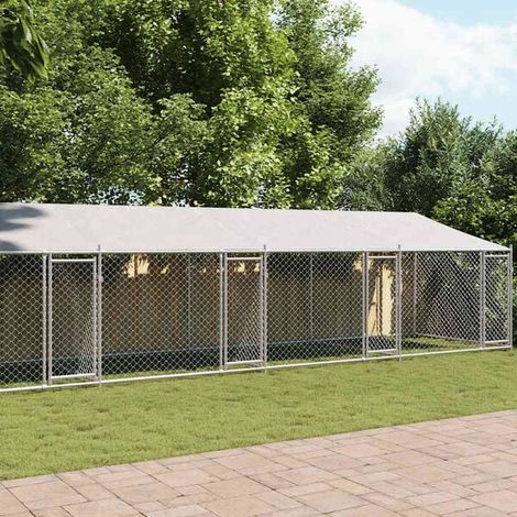 Cage pour chien avec auvent/porte, grise, 12 x 2 x 2 mètres, acier galvanisé