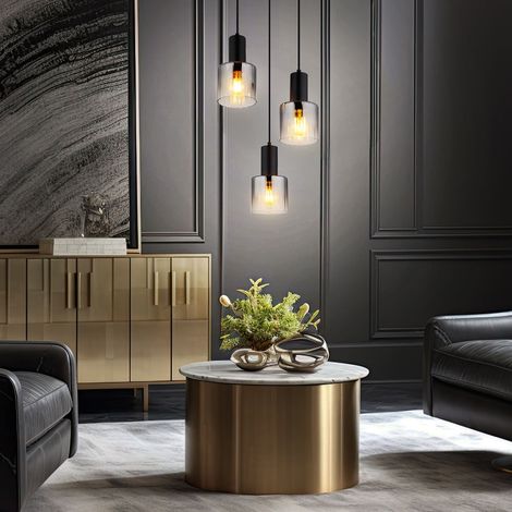 Hängelampe Pendelleuchte Esszimmerlampe Rauchglas E27 Metall schwarz 3-Flammig