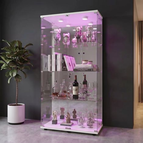 Vitrine d'Exposition en Verre Trempé et Métal Blanc 80,5x36,5x164 cm — Meuble de Collection à 4 Niveaux avec Double Porte, Serrure et Éclairage LED