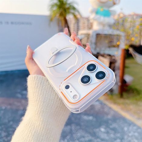 (iPhone 16e, Blanc) Coque de téléphone transparente magnétique mate pour iPhone avec anneau de support métallique MagSafe