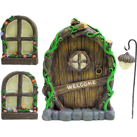 Miniatur-Feenhausfenster und -türen, Gartenbaumschmuck, Gartenkunstskulpturen für draußen, Terrassenrasendekorationen, im Dunkeln leuchtende Wanddekorationen