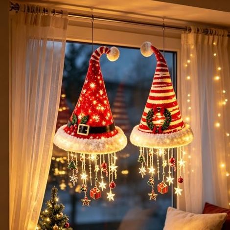 Lot de 2 Suspension lumineuse chapeau de Père Noël en peluche – lampe chaude, décoration de Noël à suspendre-Style A (1/5)