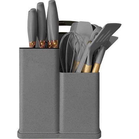 Ensemble d'ustensiles de cuisine en silicone et bois (gris) de 20 pièces : couteaux, planche à découper, boîte de rangement et éplucheur. (1/5)