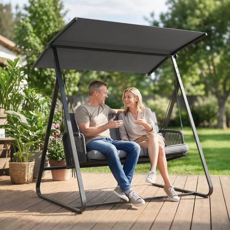 2-Sitzer-Gartenschaukel aus Rattan – Schaukel für den Außenbereich – Verstellbares Sonnendach – Dickes Kissen – Grau