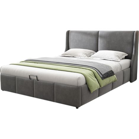 Cama Arcón 140×190 cm en Terciopelo, Doble con Cabecero Binaural y Arcón, sin Colchón, Gris (1/5)