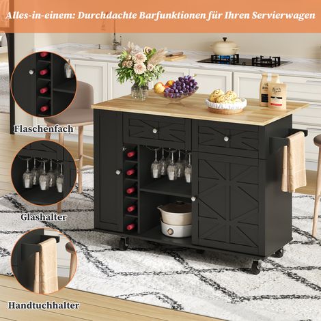 Îlot de cuisine avec plan de travail pliant, équipé de 5 roulettes verrouillables, étagère de porte, noir, 120 x 45(70) x 89 cm (1/5)