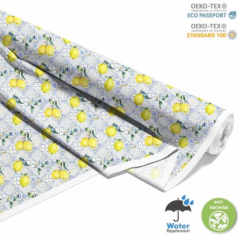 OUTDOOR DEKOSTOFFE OXFORD - Motiv Zitronen auf einem blauen Ornament