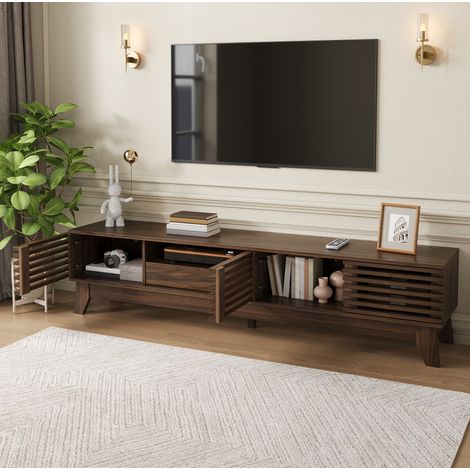 TV Lowboard (170 x 35 x 40 cm), mit gerillten Fronten, Schublade und offenen Fächern, MDF, Nussbaum (1/5)