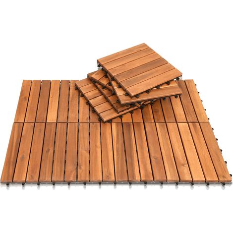 Lot de 11 dalles en bois d'acacia, 6 lattes, carrelage en bois 30 x 30 cm – 1 m². Carrelage de balcon pour balcon, jardin et terrasse Installation facile, rapide et pratique (1/5)