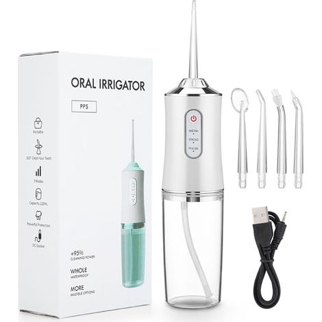 – Jet d'eau dentaire puissant – 3 modes de nettoyage – Réservoir 220 ml – Étanchéité IPX7 – Recharge USB – 4 buses remplaçables (1/5)