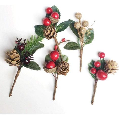 Juego de 25 mini puntas artificiales para árboles de Navidad, 10,2 cm - Tallos de bayas rojas - Ramas de pino artificiales - Para coronas y decoraciones de invierno (1/5)