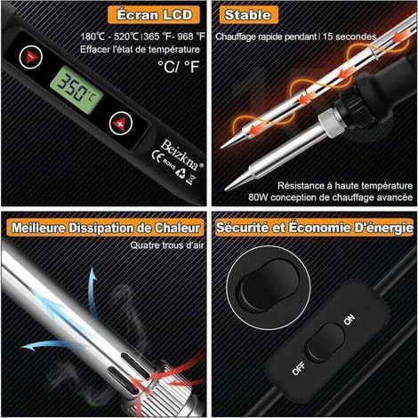 Fer à Souder Kit 80W Température Réglable 180-480°C Electronique de Precision avec Interrupteur ON/OFF, 5 Conseils de soudage, Pompe à Dessouder, Fil de Soudure, Station de Soudage, Pincettes
