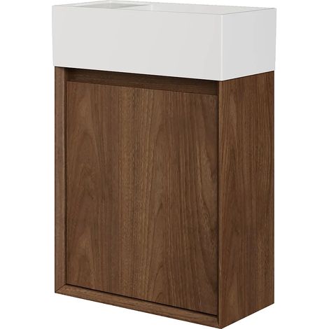Meuble lave main suspendu avec vasque en résine blanc mat - Naturel foncé - 40 x 25.5 x 57 cm - SOREL (1/4)