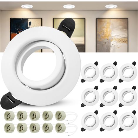 Spot Encastrable GU10 Set, Lot de 10 Cadre Spot Encastrable en Blanc Rond Avec Douille GU10, Spots LED 230V Ø 68mm, 45° Orientable Cadre de Montage pour Spots de Plafond (1/5)