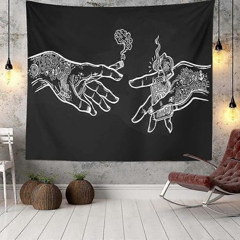 Tapisserie murale Mains (150 x 130 cm) à motifs floraux blancs et noirs, tapisserie murale humoristique, psychédélique et bohème, imprimée sur tissu pour la chambre à coucher. (1/5)