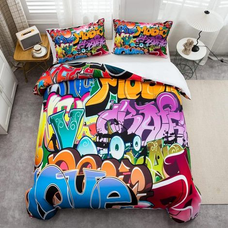 Bettwäsche Set Graffiti Style 135x200cm für Kinder und Jugendliche mit Reißverschluss