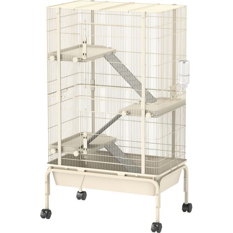 Cage pour lapin enclos à 4 niveaux avec 2 portes 3 rampes plateau profond roulettes 69 x 44 x 120 cm beige