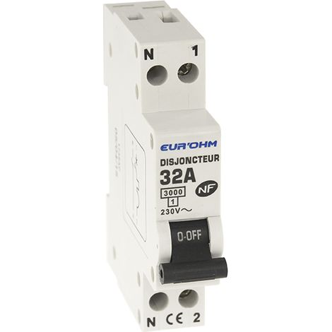 Disjoncteur 1P+N courbe D connexion vis haut/bas 3kA - IP20/IK02 32A