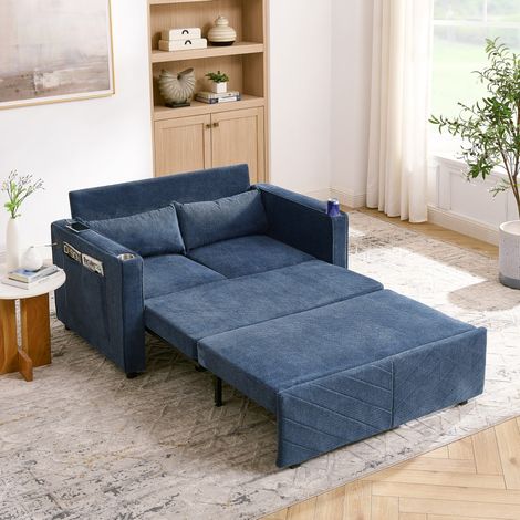 Sofá cama de 2 plazas 3 en 1 - Diseño moderno «Slide-to-Transform» naranja con cargador USB integrado - Terciopelo azul marino (1/5)