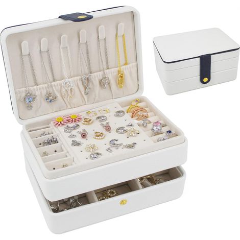 Kleine Schmuckschatulle, Reiseorganizer, tragbare Schmuckschatulle, ideal als Geschenk für Frauen und Mädchen, doppellagiges Schmuckkästchen aus PU-Leder für Ringe, Ohrringe und Halsketten – Weiß (1/5)