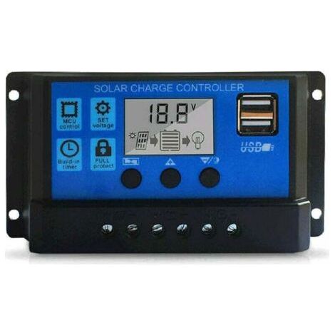 10A Solarladeregler, 12V/24V Solarmodul-Laderegler, einstellbarer Solarmodul-Batterieregler mit LCD-Display und zwei USB-Anschlüssen (1/5)