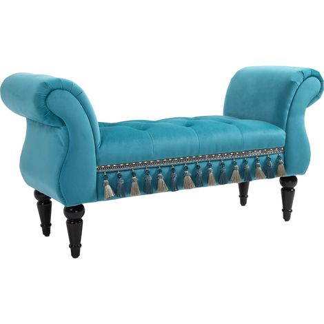 Banc et tabouret luxueux, revêtus de tissu capitonné, en polyester et mousse de caoutchouc, élégants, bleus, 117 x 40 x 58 cm (1/5)