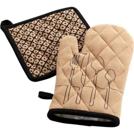 Gant et manique de cuisine à motifs "couverts" en coton - Beige - Livraison gratuite (1/4)