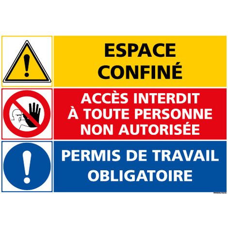 PANNEAU DANGER ESPACE CONFINE - ACCES INTERDIT - PERMIS DE TRAVAIL OBLIGATOIRE (C1400) - Adhésif - 420 x 300 mm