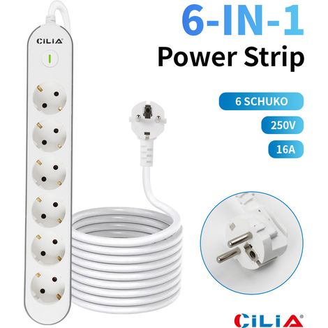 Multiprise CILIA à 6 prises avec interrupteur, protection contre les surtensions, goulotte de câbles dissimulée, 3680 W, 250 V, câble de 1,5 m, blanche, pour salon, cuisine ou chambre.