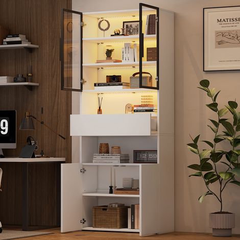 Vitrina MODFU-LED con almacenaje, 2 puertas de cristal, 1 cajón, blanca, mueble alto para salón y dormitorio, 70×30×200cm (1/5)