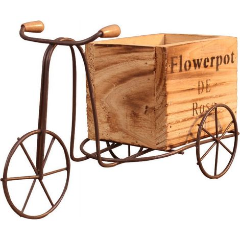 Support Pour Plantes - En Fer Forgé Et Bois - Forme De Tricycle - Pour Intérieur Extérieur Jardin Bureau - 23 x 12 x 9 cm - 2 Emplacements (1/3)