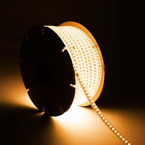 Tira LED Regulable 220V SMD 120 LED/m BOBINA 50m 7.5W/m 750lm/m Ancho 12mm Corte 20/100cm IP65 2700K Blanco Cálido