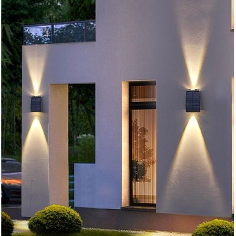 Applique murale solaire d'extérieur haut et bas, éclairage solaire de chemin, luminaire extérieur pour garage, porte d'entrée, couloir, porche, bureau, enceinte de piscine, jardin (noir lumière chaude (1/4)