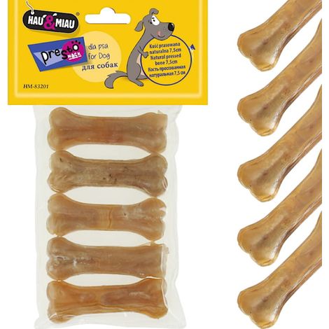 Prelibatezza in osso naturale pressato, masticabile per cani Woof&Miao 7,5 cm, 5 pezzi.