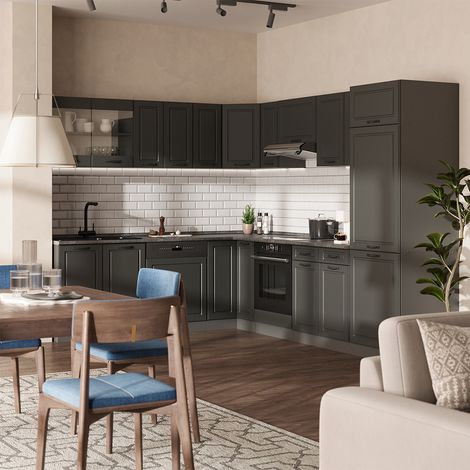 Cocina esquinera R-Line, Antracita casa de campo/Antracita, 287 x 227 cm sin encimera, Vicco