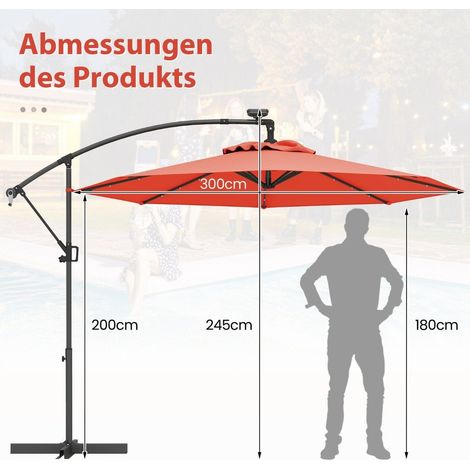 300 cm solar led terrassenschirm mit kurbel orange