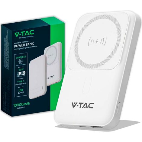 V-TAC power bank magsafe 10000Ah magnetico con ricarica wireless 20W ultrasottile colore bianco - 23039