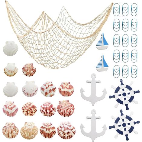 1 Pièce Filet de Pêche Décoratif,Décoration Murale en Filet de Pêche,Net de Poisson Déco avec Coquilles,Trombone et Décoration Marine pour Fête Mariage Maison Photographie Intérieur (2x1.5m) (1/5)